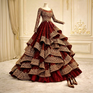 Burgundy Embroidered Lehenga Choli Ruffle Tiered Traditional <b>Dress</b> for Wedding Party Women - Product Image 1