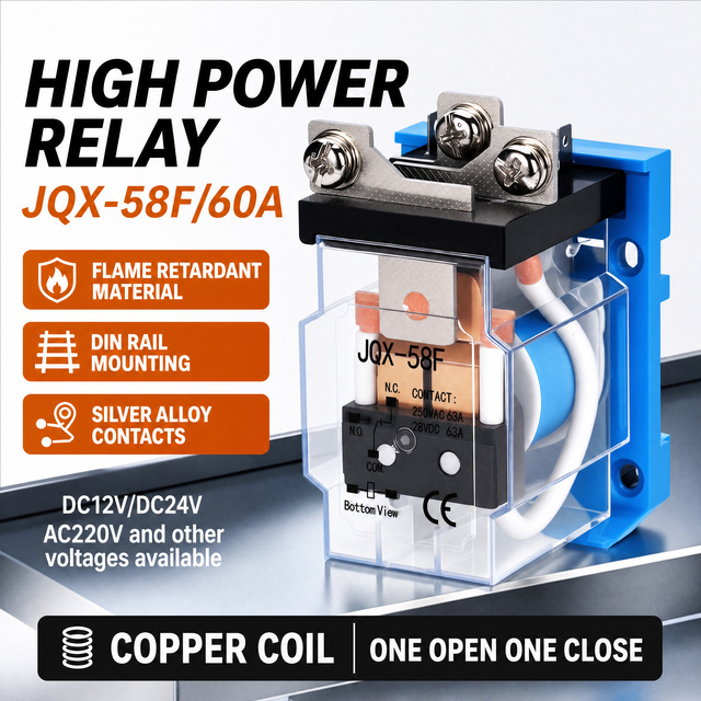 JQX-58F/1Z 60A High Power Relay 1NO 1NC 12V 24V 220V Coil High Current Heavy Duty Power Relay with Din Rail Mount
