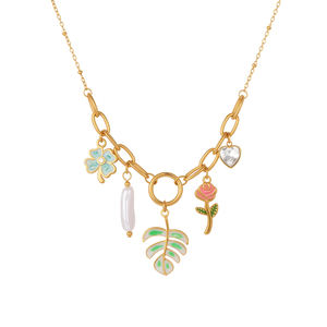 カラフルなドーパミンエナメルネックレス 18金メッキステンレススチール クローバー ローズ パール リーフチャーム ハワイ ハート フラワーネックレス - Product Image 6