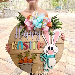 Letrero de madera para puerta de Pascua, redondo, con conejo y zanahoria grabados, decoración hecha a mano para el hogar en Pascua - Product Image 3