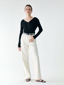 ODM OED Jeans pour femme taille haute, coupe ample et jambe large, en denim <span class=keywords><strong>blanc</strong></span>, avec logo brodé et imprimé à la technique tissée - Product Image 3