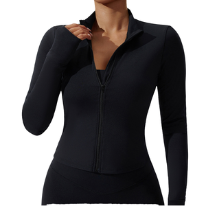 Veste de sport pour femmes à manches longues, col montant, fermeture éclair, respirante, coupe-vent, extensible, en spandex/nylon, couleur unie - Product Image 1