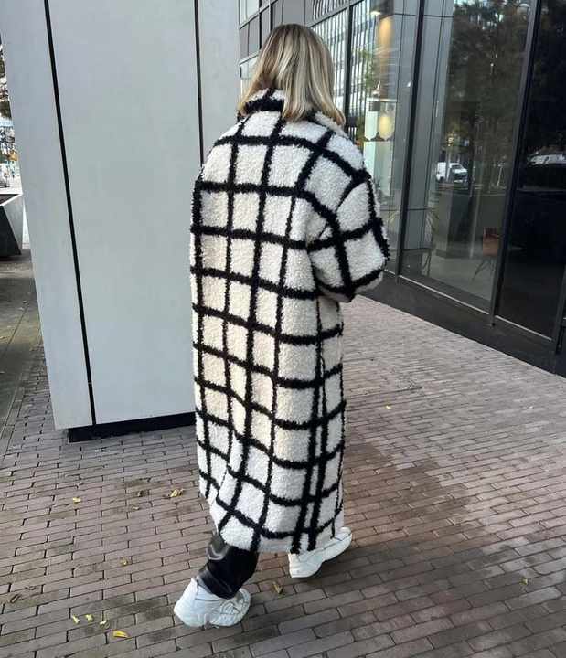 Winter Style Rhombus Lattice Lapel Neck Fluff Black Zipper Coat - Ships in 24 Hrs main image 1