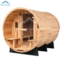Resort-taugliche 4-6 Personen Fass-Sauna mit Veranda - Thermowood, 6kW Harvia KIP, Modulares Kabinendesign für Luxushotels & Spas