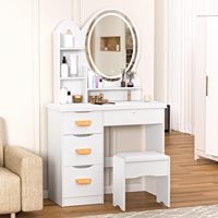 Bureau de toilette blanc avec miroir LED rond et armoire latérale à 3 tiroirs, table de maquillage compacte pour chambre à coucher.