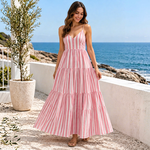 Pink White Striped Eco-Friendly Breathable Maxi Sundress V-Neck <b>Spaghetti</b> <b>Strap</b> Fit and Flare Regular Summer Casual <b>Dress</b> - Product Image 1