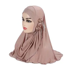 Muslim Hijab With Flower And Stones Layer High Quality Scarf Arab Women Headwrap Pray Hats Shawl For Girls