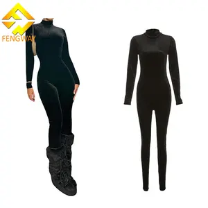 Jumpsuit Wanita leher tinggi, Jumpsuit ketat satu potong beludru warna polos, untuk perempuan lengan panjang 2024