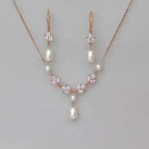 Rose Gold Plated Sterling Silver 925 Pearl Bridal Jewelry Leaf Shape Zircon Natural Freshwater Wedding Necklace Set Pearl Set