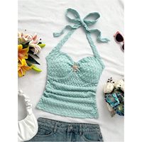 Top Halter Personalizado para Mujer 2026, Camiseta de Punto Fruncida Transpirable de Verano con Detalle de Estrella de Mar, 100% Poliéster