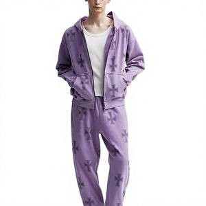 Unisex <b>Purple</b> Tracksuit Full Sleeve Hooded Casual Streetwear Autumn Wear Adult Loose Fit Side Pockets Zipper Closure Printed - Product Image 1