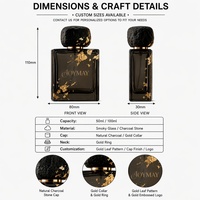 Flacon de parfum carré de luxe avec bouteille en verre gris fumé et feuille d'or, bouchon texturé effet roche pour parfum haut de gamme