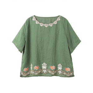 Women's Cotton <b>Linen</b> Short Sleeve <b>Top</b> Emerald Green Embroidery Vintage Casual Blouse Plus Size Summer Loose Fit T-Shirt - Product Image 5