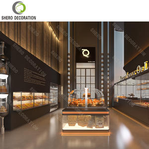 Comptoir de présentation de gâteaux et desserts en verre incurvé haut de gamme pour boulangerie de luxe, présentoir à pain, mobilier de boulangerie en bois - Product Image 3