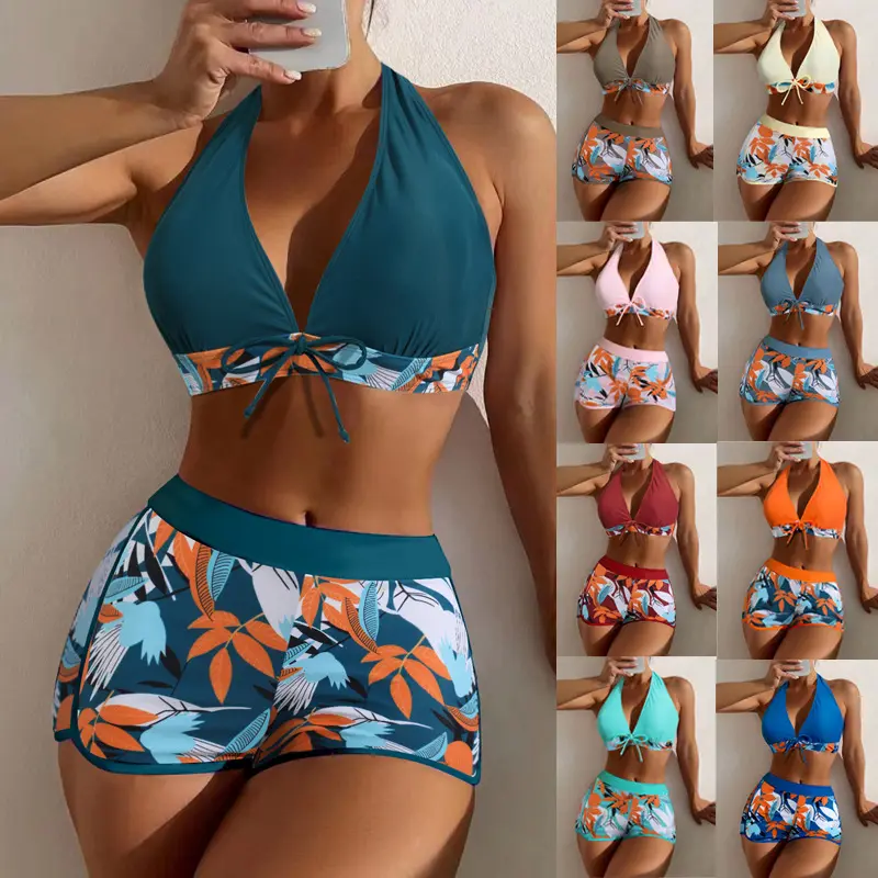 new trendy Wholesale floral printed Swimwear Bikini 2-Piece Set Sports Bra Boxer Shorts Beachwear Women Sexy Swimsuit