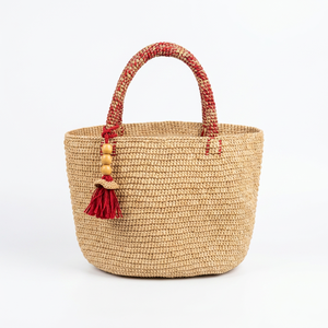 Sac fourre-tout bohème géométrique avec pompon rouge, deux poignées, ouverture supérieure, écologique, style estival, sac à bandoulière pour femme - Product Image 2