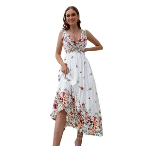 Casual Style Sleeveless Dress Printed Bohemian Dress Natural OEM Service Woven Floral Print Summer Polyester 2023 Womens Adults