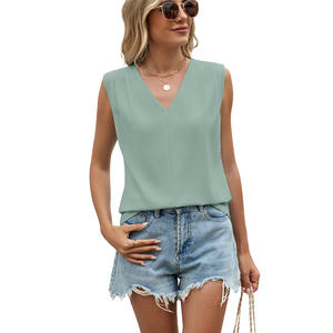 Camiseta de Verano para Mujer, Nueva Moda, Estilo Elegante, Color Sólido, Microelástica, Cuello en V, Corte Holgado, Sin Mangas, Transpirable - Product Image 3