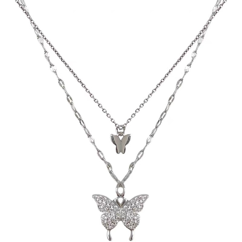 Sterling Silver Butterfly Necklace - Trendy Double Layer