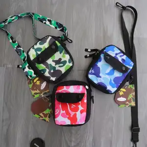 BAPE maymun kafa naylon yeşil kamuflaj Messenger göğüs bel çantası erkekler için sevimli küçük Crossbody çanta