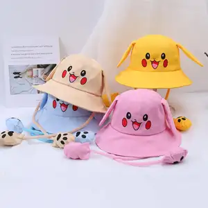 도매 여름 양동이 모자 만화 Pika-chu 귀여운 토끼 양동이 모자 어부 모자 움직이는 귀와 어린이 태양 모자