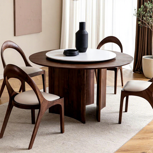 Contemporary Solid Wood <strong>Dining</strong> <strong>Table</strong> in Black Walnut Modern Design with Lazy Susan and Upholstered Chairs for Warehouses - Product Image 1