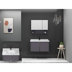 Mueble de Baño de Aleación de Aluminio CR de 60 cm con Espejo y Gabinete, Lavabo de Cerámica de una Pieza Azul - Product Image 3