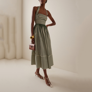 <span class=keywords><strong>Abito</strong></span> da donna elegante a righe verdi con scollo all'americana, <span class=keywords><strong>plissettato</strong></span>, a trapezio, sexy, per feste estive, personalizzabile all'ingrosso - Product Image 3