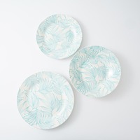 Service de table minimaliste à motif de feuilles et de plumes - Assiettes en porcelaine neutres et turquoise, vaisselle élégante pour la maison/le restaurant