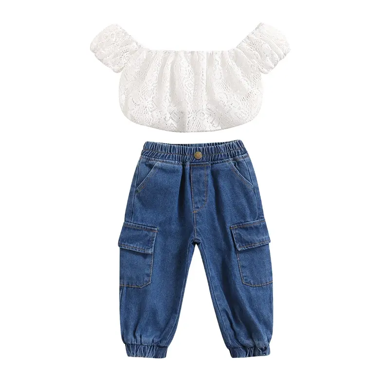 1-6Y Summer Toddler Kids Baby Girl leader ins Clothes Sets Off-shoulder Top Denim Pants Girls Jeans Short Outfits Clothing