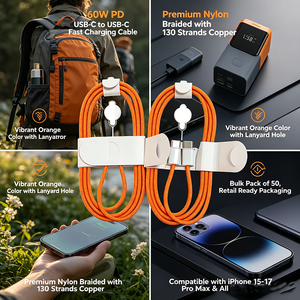 สายชาร์จเร็วแบบถัก 60W USB-C to USB-C <span class=keywords><strong>130</strong></span> เส้นทองแดง สำหรับ <span class=keywords><strong>iPhone</strong></span> 15 17 <span class=keywords><strong>Pro</strong></span> Max CC48 คุณสมบัติความเร็วสูง - Product Image 4