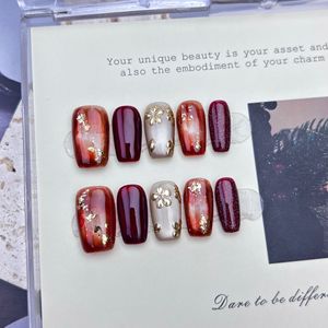 Nouveau produit lancé, Faux ongles à presser faits main, motif fleur de fin de printemps, plaqué or, effet œil de chat, prêts à poser - Product Image 1