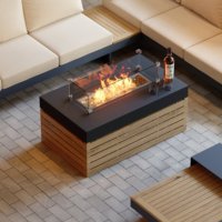 AJUNION Canapé sectionnel d'extérieur en aluminium et bois Table de foyer au gaz propane Meubles de jardin en forme de L Ensemble de canapés d'extérieur