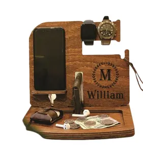 Деревянная док-станция с индивидуальным дизайном, персонализированный Настольный органайзер с беспроводной зарядкой для телефона, держатель для ключей с пепельницей, подарок для мужчин
