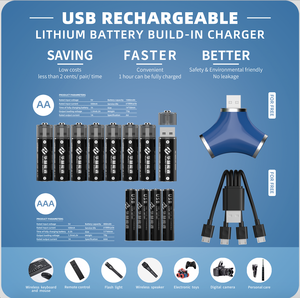 Üzerinde 1000-çevrim ömrü 1500mWh USB şarj edilebilir AA lityum iyon batarya - Product Image 6