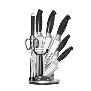 थोक सबसे अच्छा क्लीवर शैली चाकू-रसोई के चाकू सेट 9 PCS उच्च कार्बन स्टेनलेस स्टील चाकू सेट दाँतेदार स्टेक महाराज चाकू एक्रिलिक स्टैंड के साथ सेट