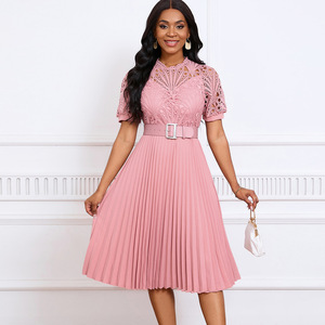 Elegant Women's Summer <strong>Midi</strong> <strong>Dresses</strong> 5XL Plus Size Short <strong>Sleeve</strong> Lace Patchwork Solid Pleated Natural Waistline <strong>Chiffon</strong> - Product Image 5