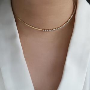 3 mm Hiphop Jewelry <b>Iced</b> <b>Out</b> Gold Plated Herringbone <b>Chain</b> White Diamond Tennis Necklace for Women - Product Image 3