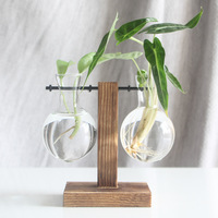 Vase à ampoule en verre Terrarium pour plantes de bureau, support en bois massif rétro, plantes hydroponiques pour la maison, le jardin, le bureau et le mariage
