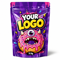 Sachet Mylar personnalisé 3,5g Donut Monster brillant, motif dessin animé, pour bonbons, chewing-gum, lait, qualité alimentaire, violet, pour l'art, refermable, pochette verticale