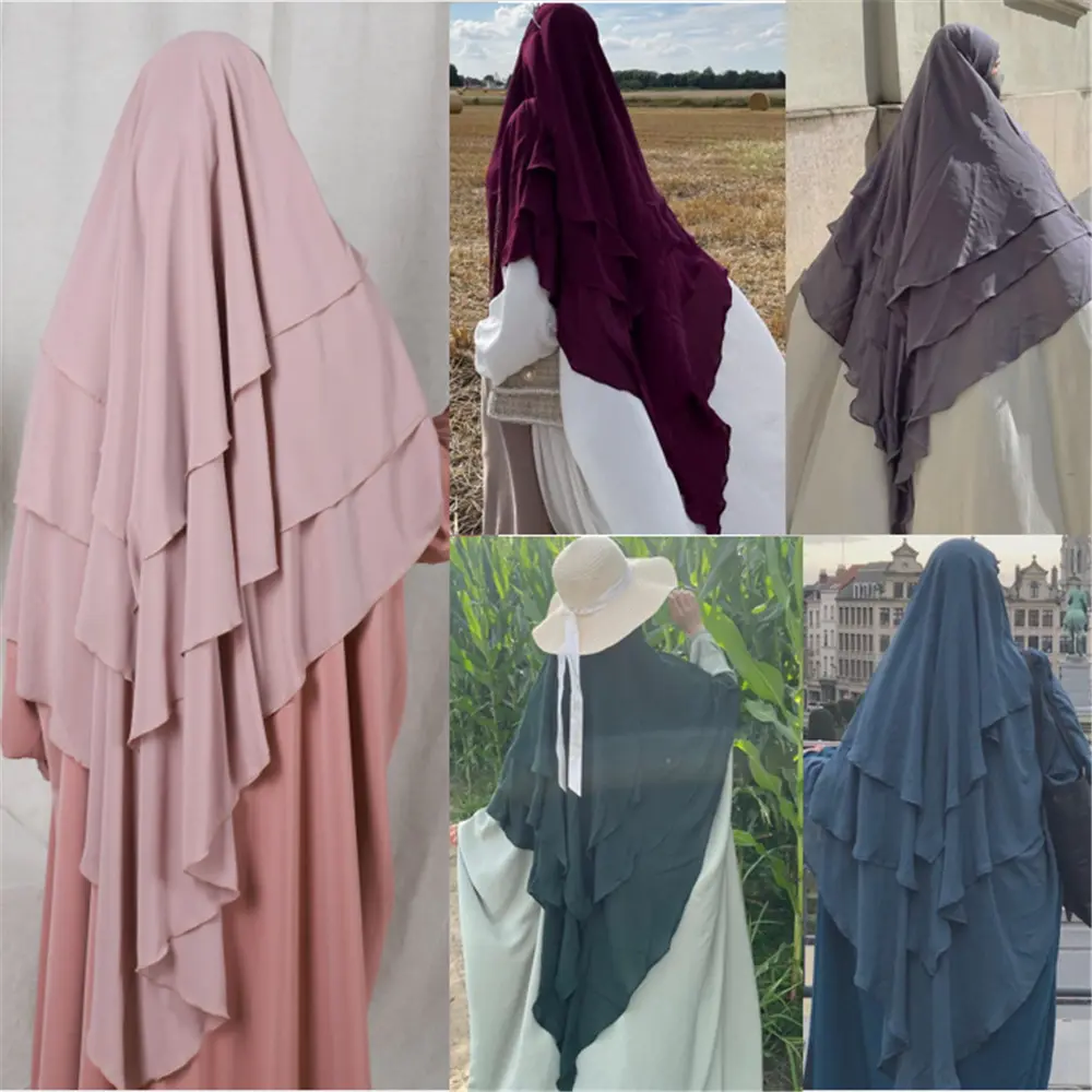 Ready to ship Fashion Headscarf Niqab Islamic foulard hijaB overhead with tie & Three Layer back khimar hijab accessories jilbab