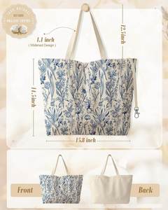 Grand sac fourre-tout à motif floral pour femmes - Toile esthétique et mignonne avec chaînes et broderie, fermeture éclair pour la gym, les voyages et le travail - Product Image 4