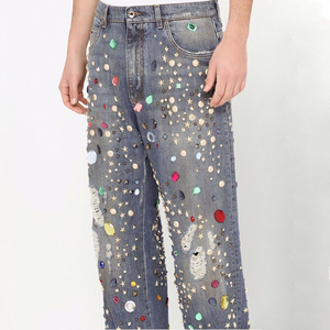 DS-Fabricante de pantalones vaqueros personalizados, Pantalones vaqueros de pierna recta con adornos de piedra azul - Product Image 5