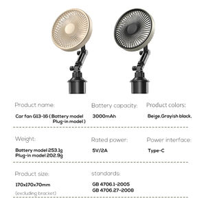 Ventilateur de voiture universel Pluska G13 en plastique 3000mAh, 3 vitesses réglables, avec rotation à 300° - Product Image 6