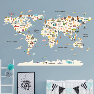 Nuovi Adesivi Murali Educativi in PVC con <span class=keywords><strong>Mappa</strong></span> <span class=keywords><strong>del</strong></span> <span class=keywords><strong>Mondo</strong></span>, Decorazioni per Camerette di Asili e Scuole Materne con Animali Cartoon - Product Image 1