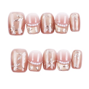 Uñas Postizas de Lujo Hechas a Mano, Cortas, Cuadradas y Ovaladas, con Diseño de Ojo de Gato, Adornos Florales Dorados y Perlas, Uñas Adhesivas, Unhas Autocolantes - Product Image 2