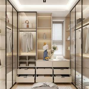 Armoire ouverte BALOM, design moderne et luxueux, avec porte en verre, cadre en métal noir, armoire en bois beige, dressing - Product Image 4