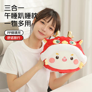 Almohada de peluche del Año del Dragón, manta 2 en 1, cojín multifuncional para viajes, color rojo brillante, amarillo dorado, patrón animal, festival - Product Image 1