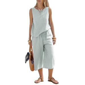 Conjunto de Camisa y Pantalones sin Mangas con Cuello Cuadrado y Rayas Tejidas para Mujer, Transpirable, Casual, Elegante, para Vacaciones de Verano y Playa - Product Image 2
