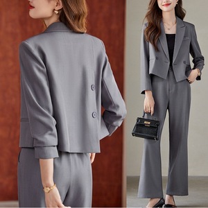 Grey Women's Suit <b>Set</b> Full Sleeve Polyester Spring <b>Office</b> Lady Anti-Wrinkle Professional Formal Wear - Product Image 1